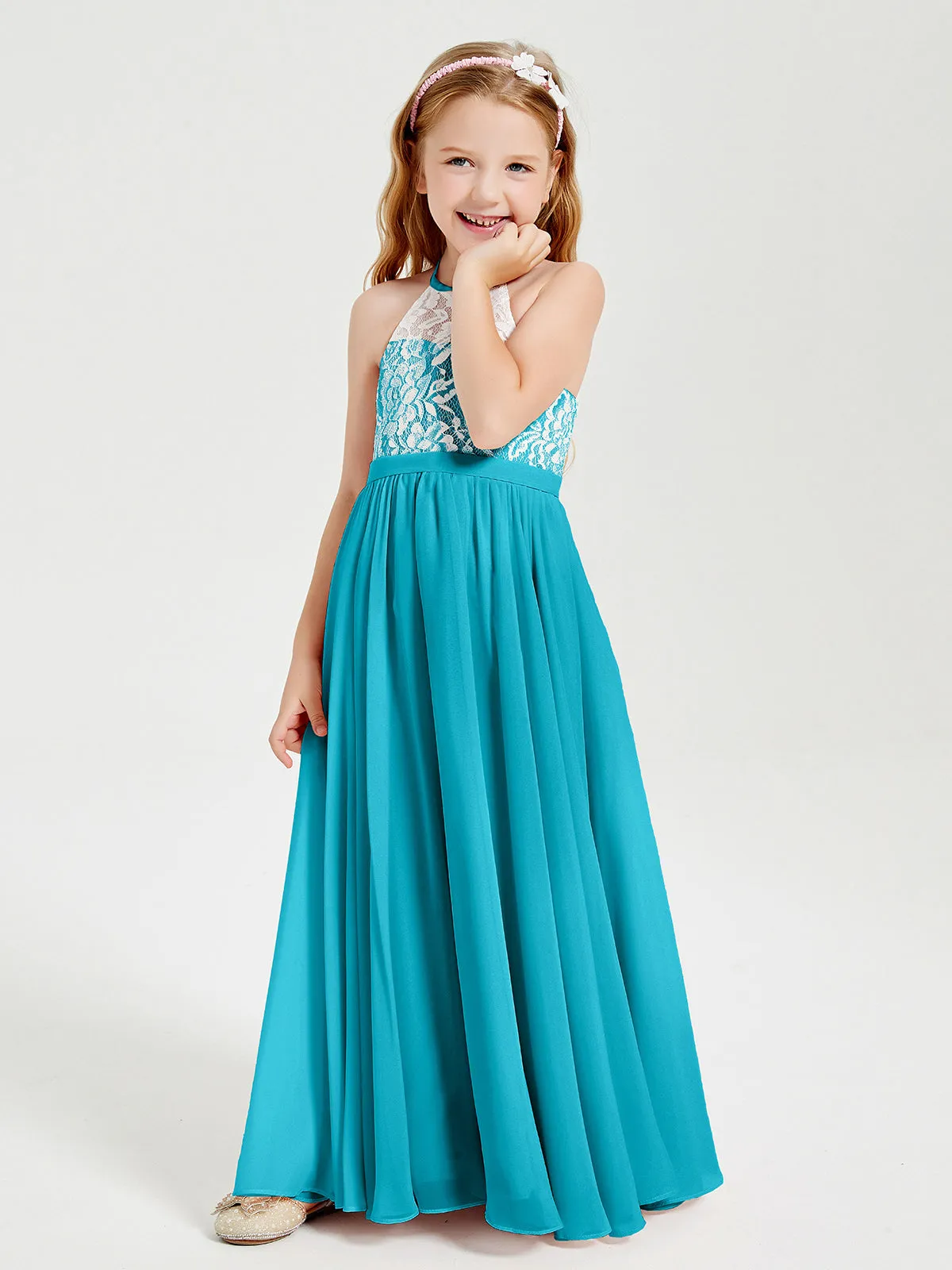 Long Chiffon Bridesmaid Dresses Lace Top Jade