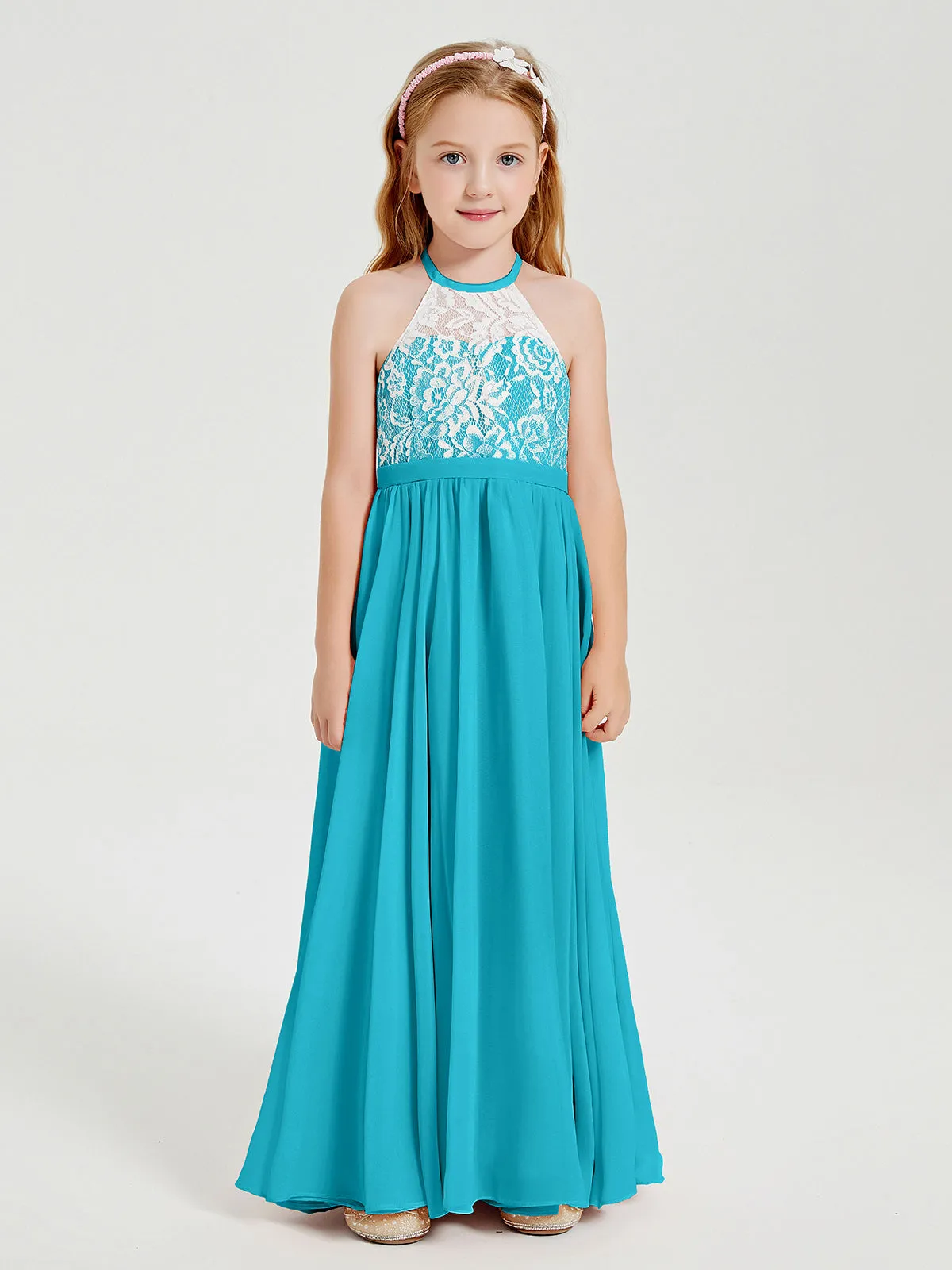 Long Chiffon Bridesmaid Dresses Lace Top Jade