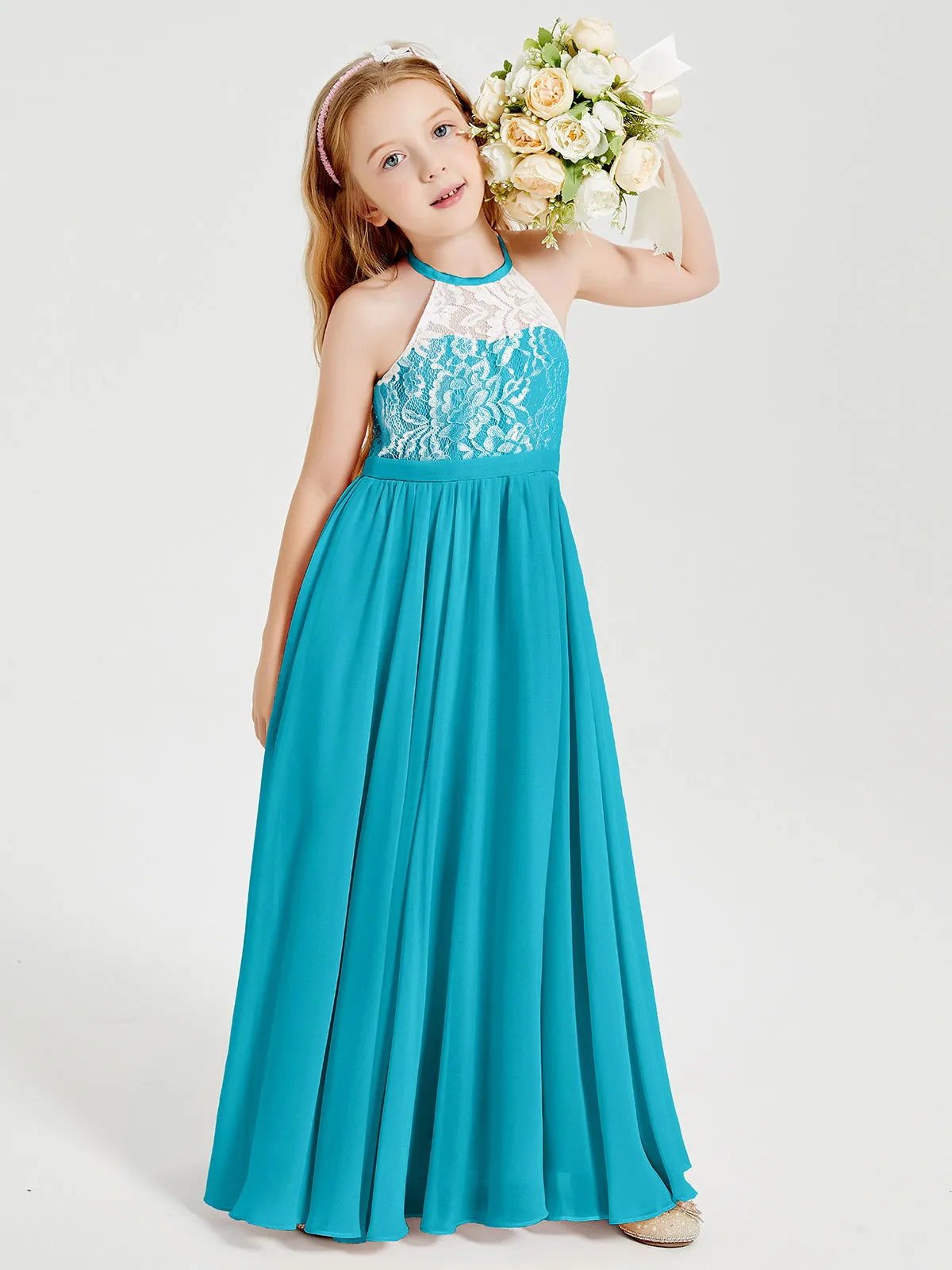 Long Chiffon Bridesmaid Dresses Lace Top Jade