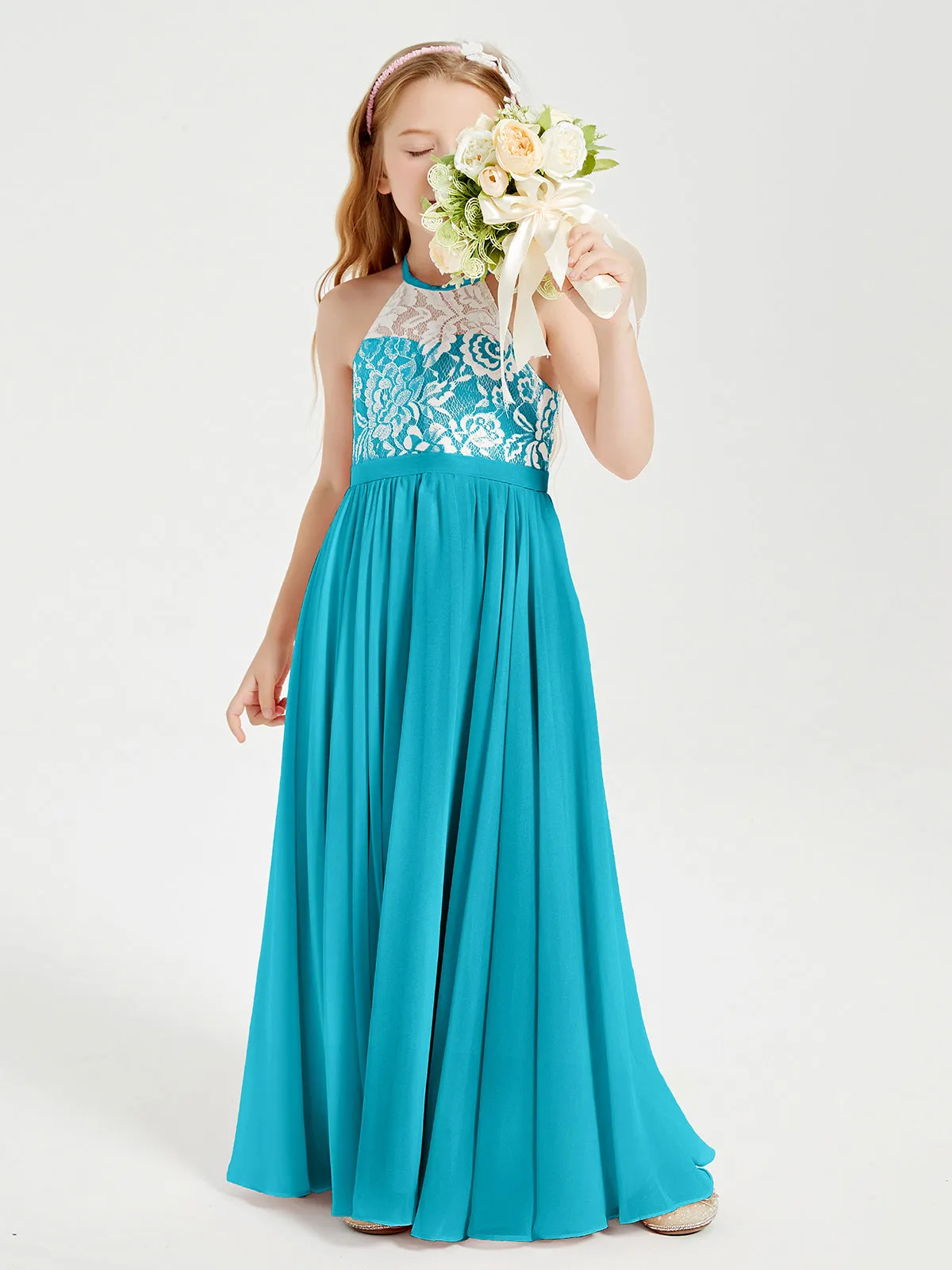 Long Chiffon Bridesmaid Dresses Lace Top Jade