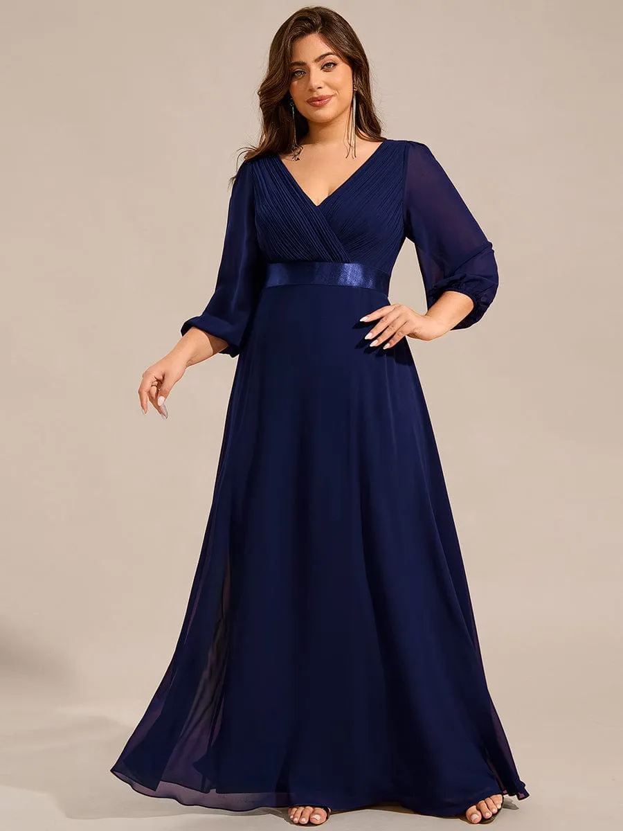 Plus Size Pleated Chiffon Long Sleeve Empire Waist Maxi Evening Dress