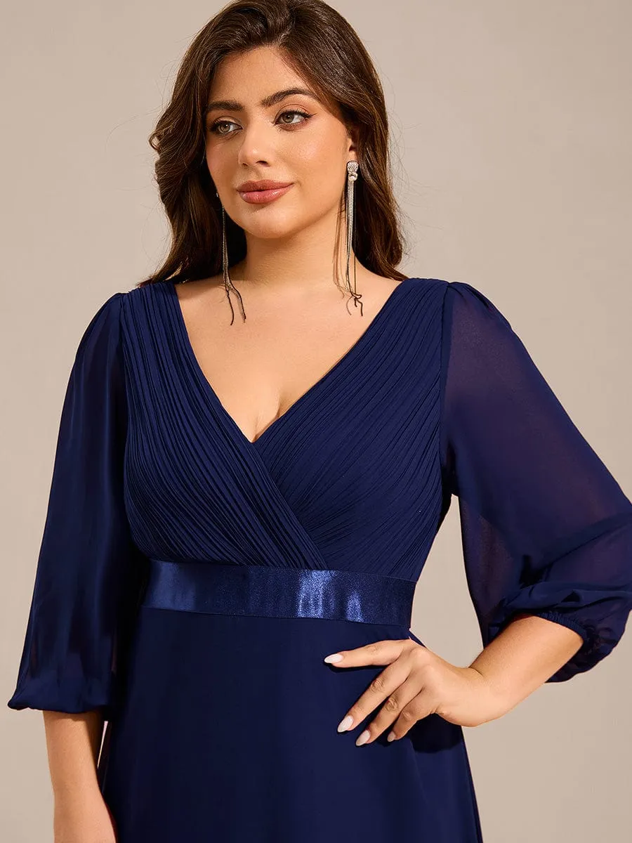 Plus Size Pleated Chiffon Long Sleeve Empire Waist Maxi Evening Dress