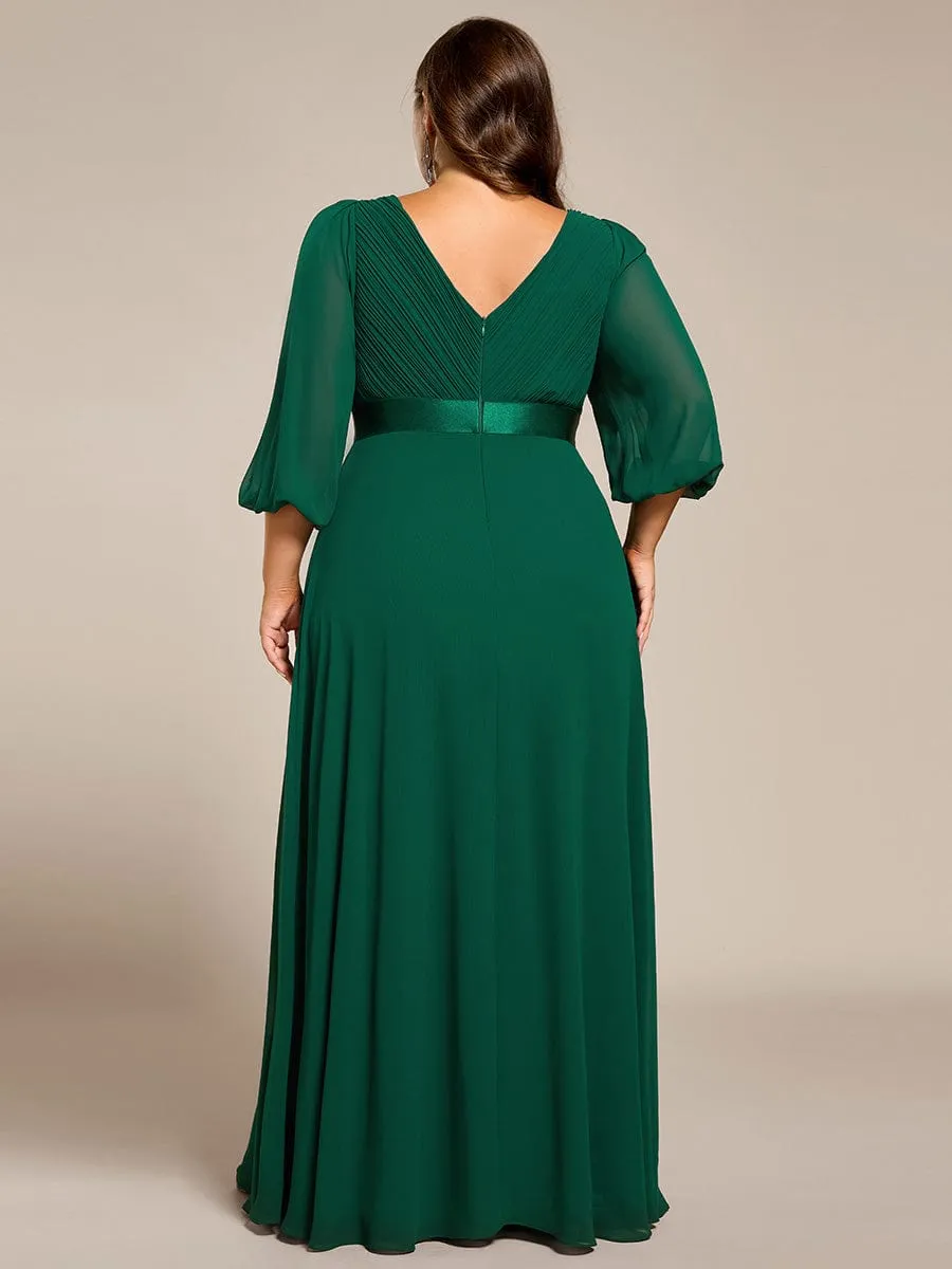Plus Size Pleated Chiffon Long Sleeve Empire Waist Maxi Evening Dress