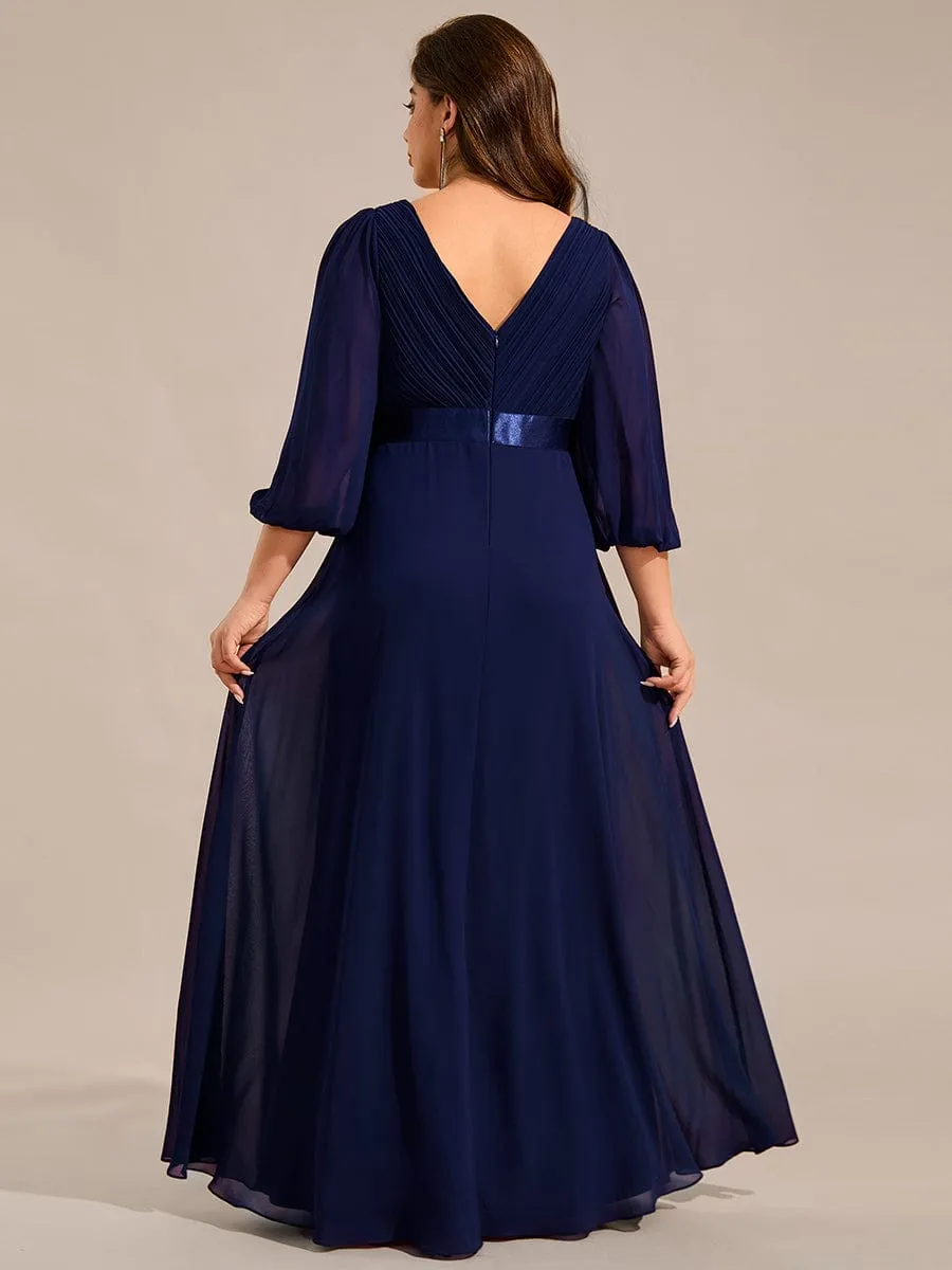 Plus Size Pleated Chiffon Long Sleeve Empire Waist Maxi Evening Dress