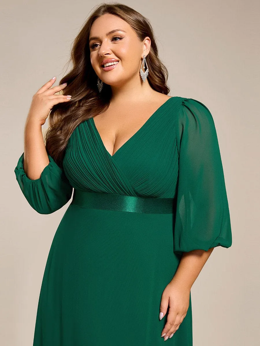 Plus Size Pleated Chiffon Long Sleeve Empire Waist Maxi Evening Dress