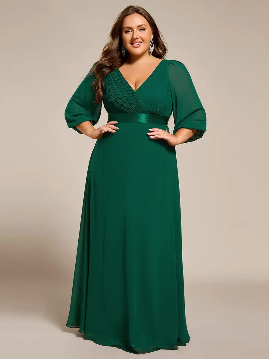 Plus Size Pleated Chiffon Long Sleeve Empire Waist Maxi Evening Dress