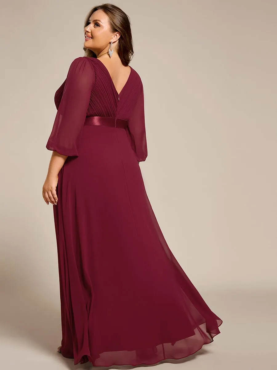 Plus Size Pleated Chiffon Long Sleeve Empire Waist Maxi Evening Dress