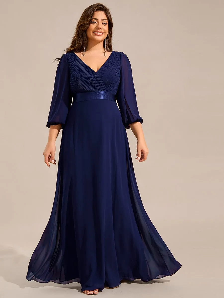 Plus Size Pleated Chiffon Long Sleeve Empire Waist Maxi Evening Dress