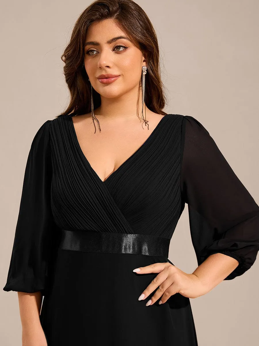 Plus Size Pleated Chiffon Long Sleeve Empire Waist Maxi Evening Dress