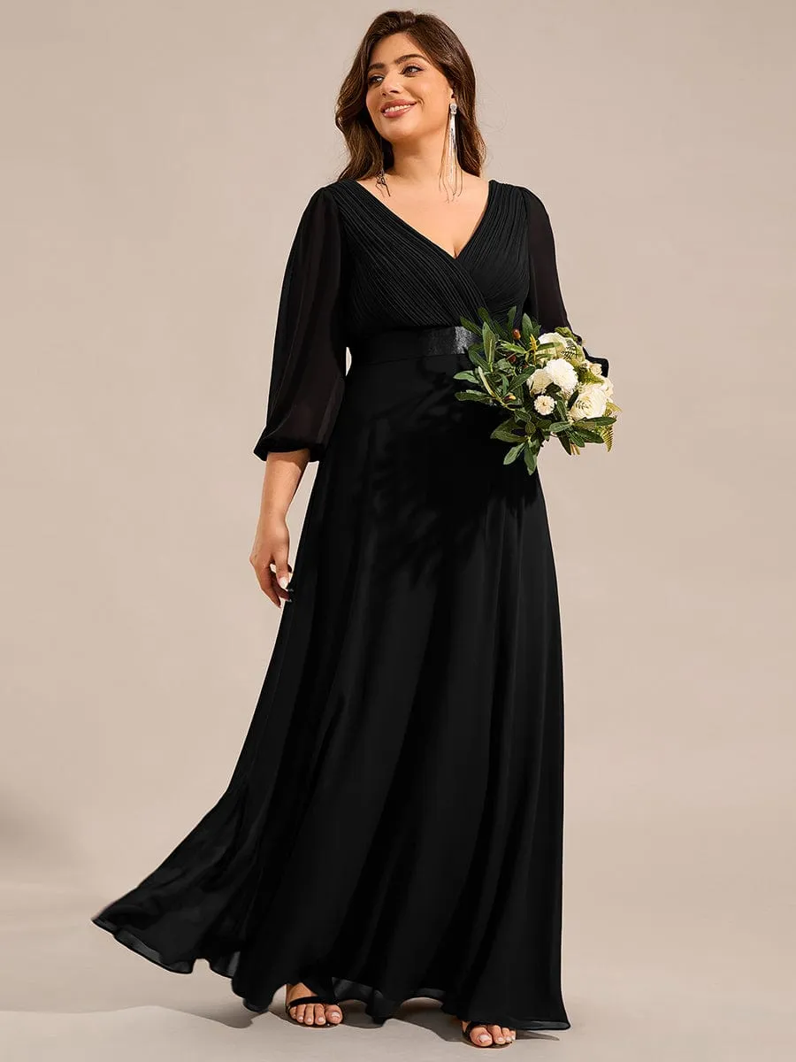 Plus Size Pleated Chiffon Long Sleeve Empire Waist Maxi Evening Dress