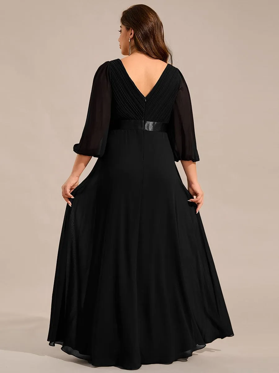 Plus Size Pleated Chiffon Long Sleeve Empire Waist Maxi Evening Dress