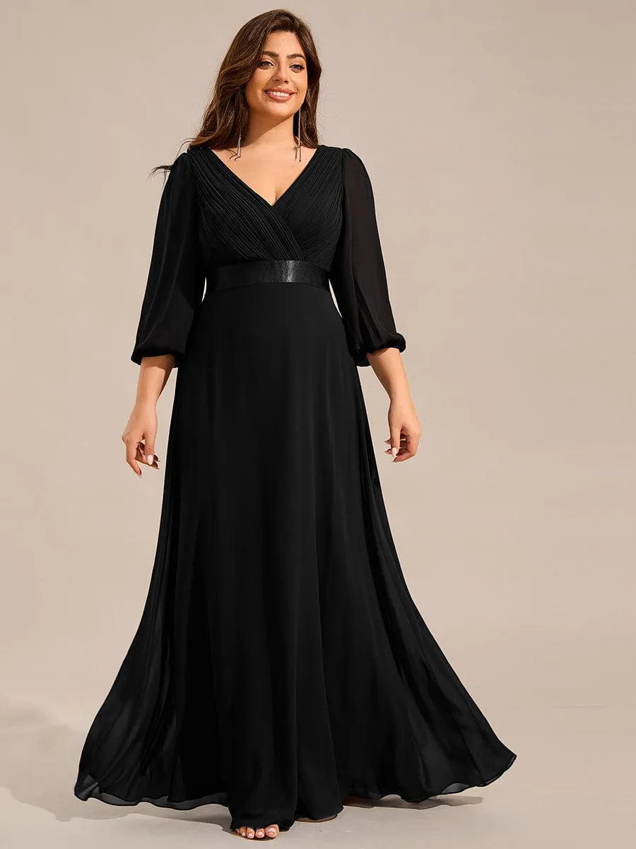 Plus Size Pleated Chiffon Long Sleeve Empire Waist Maxi Evening Dress