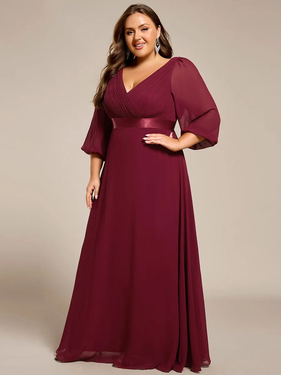 Plus Size Pleated Chiffon Long Sleeve Empire Waist Maxi Evening Dress