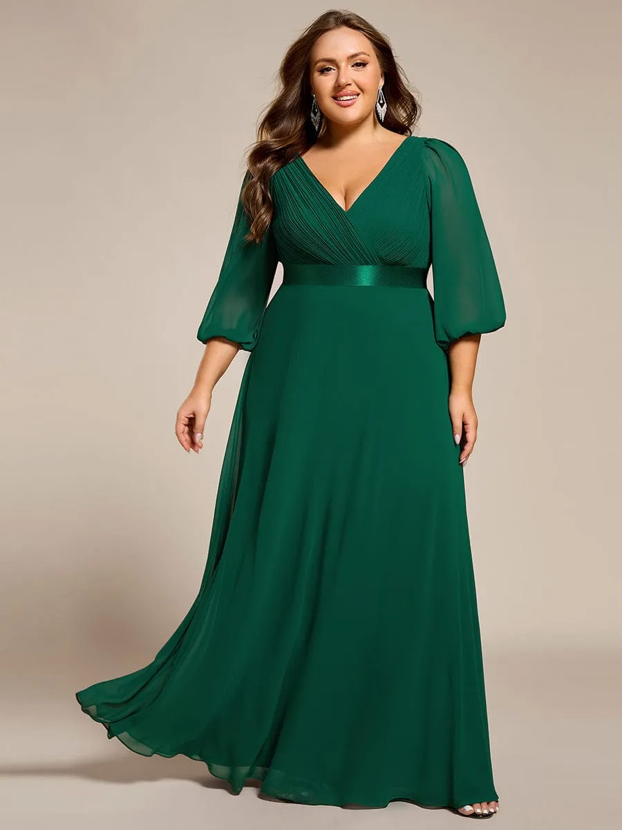 Plus Size Pleated Chiffon Long Sleeve Empire Waist Maxi Evening Dress