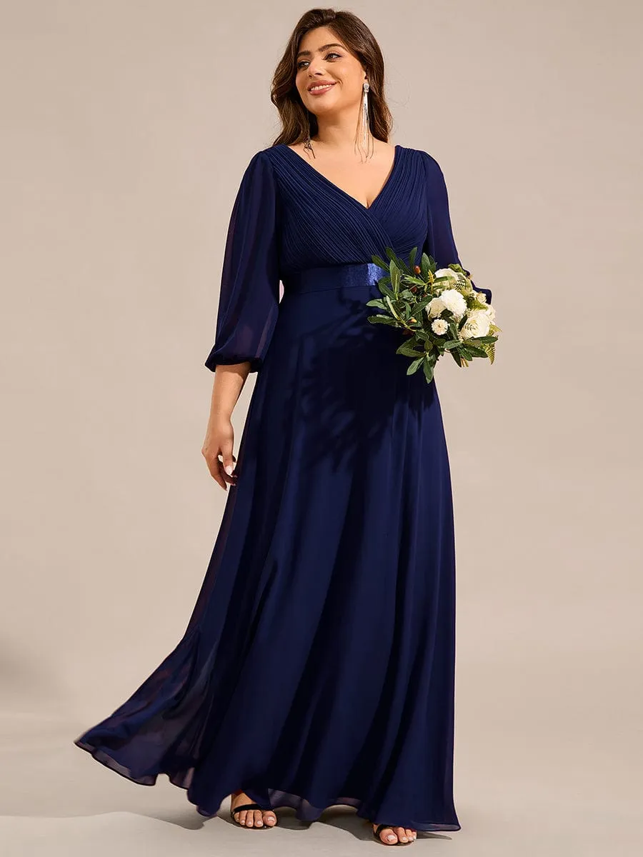 Plus Size Pleated Chiffon Long Sleeve Empire Waist Maxi Evening Dress