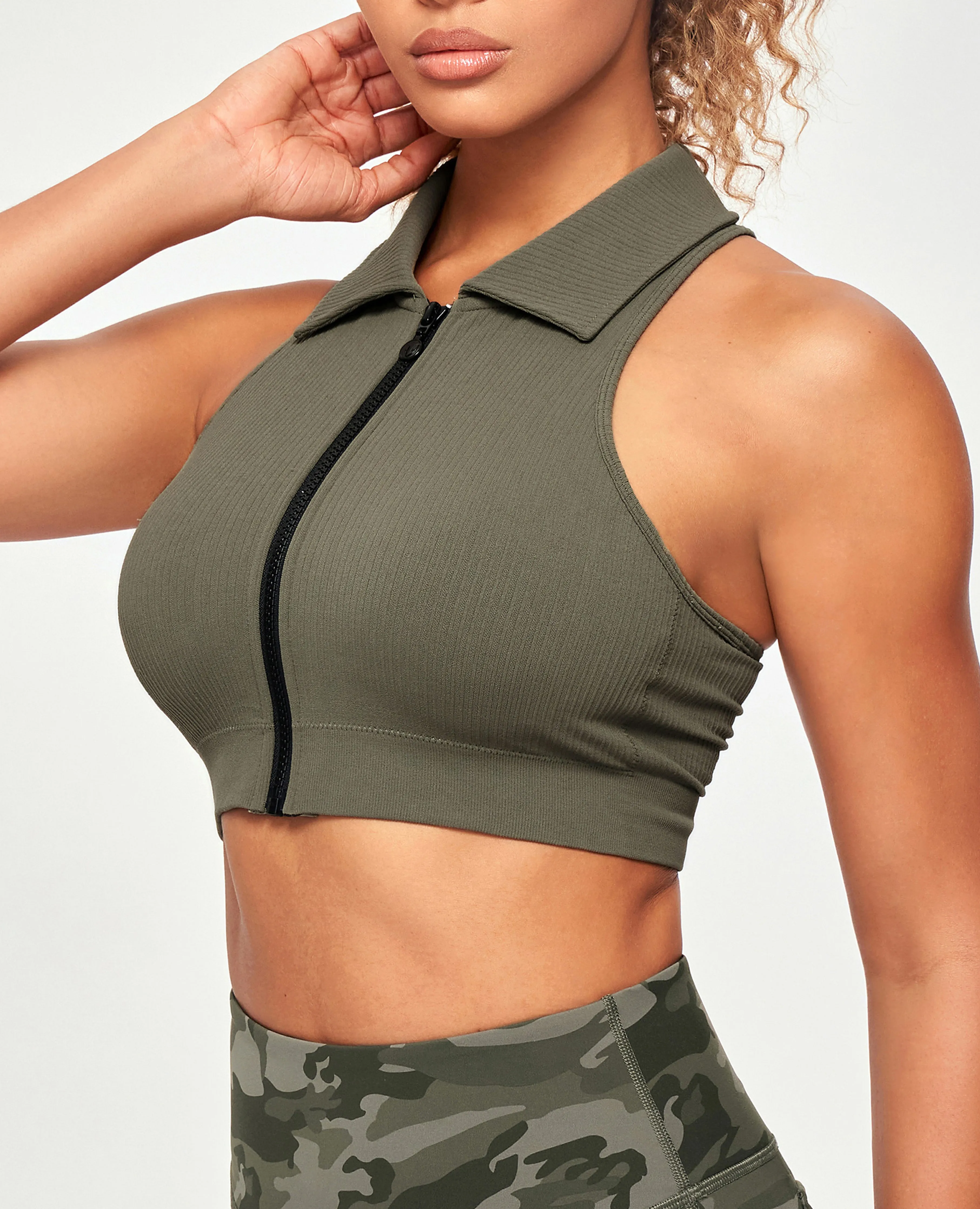 Ribbed Full Zip Padded Tank Top - Olive Green