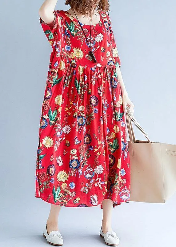 Simple red print cotton clothes For Women o neck Cinched Dresses summer Dresses