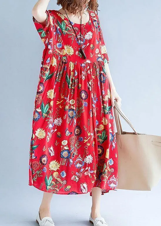 Simple red print cotton clothes For Women o neck Cinched Dresses summer Dresses