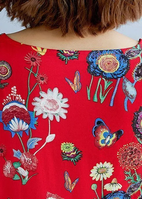 Simple red print cotton clothes For Women o neck Cinched Dresses summer Dresses