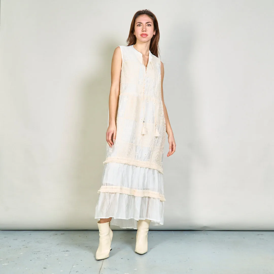 Sleeveless embroidered midi dress with tassel tie wholesale