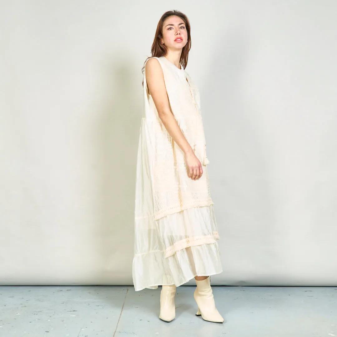 Sleeveless embroidered midi dress with tassel tie wholesale