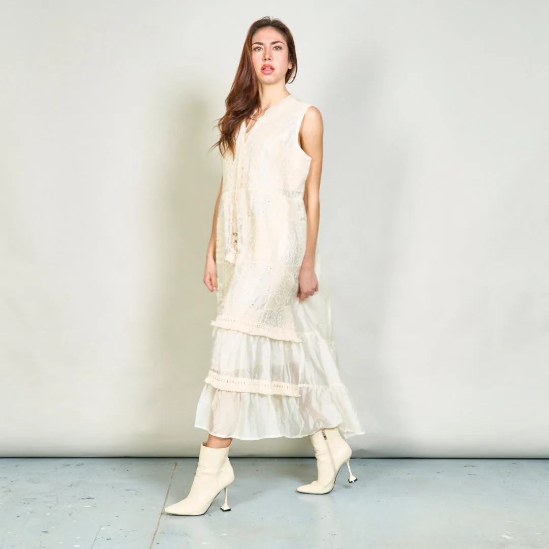 Sleeveless embroidered midi dress with tassel tie wholesale