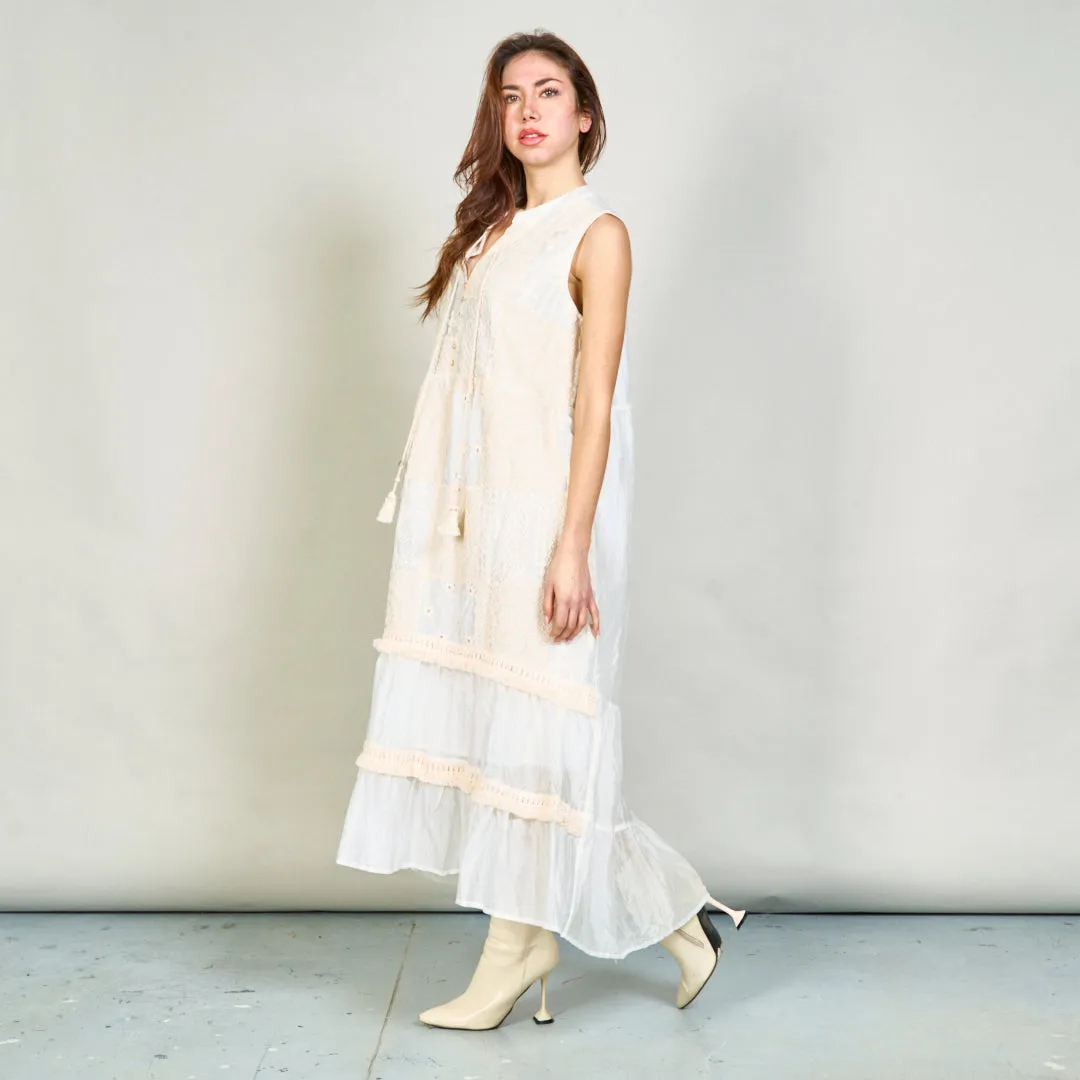 Sleeveless embroidered midi dress with tassel tie wholesale