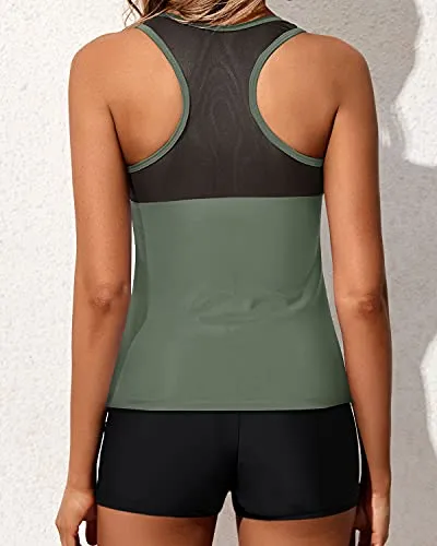 Tankini Swimsuits For Women Modest And Fitted Mid-Waist Shorts-Olive Green