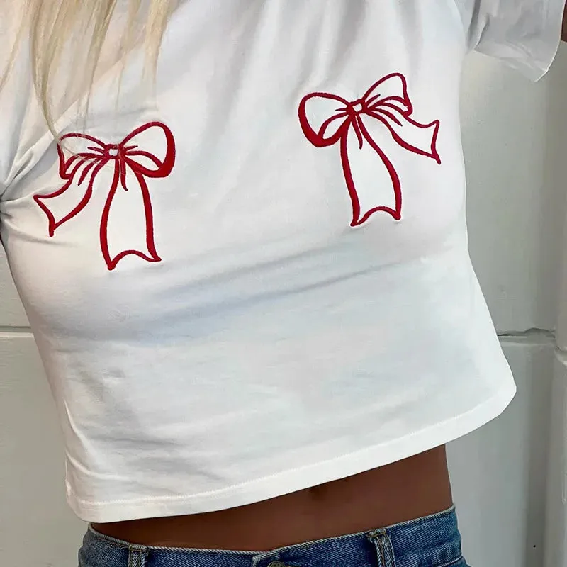 White Embroidered Red Charming Bow Crop Top