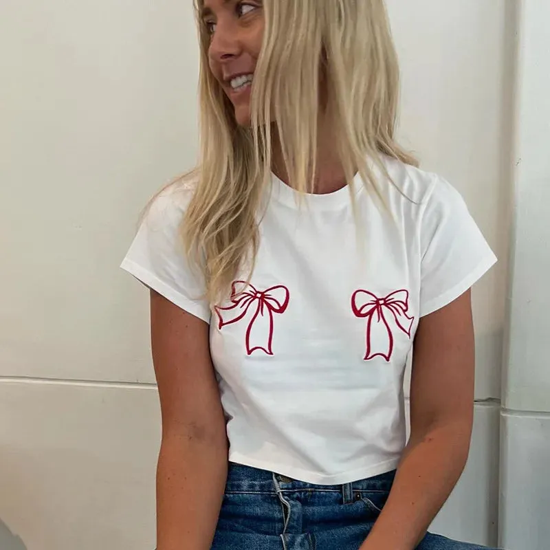 White Embroidered Red Charming Bow Crop Top