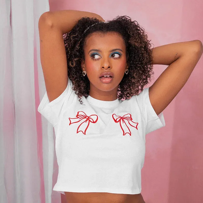 White Embroidered Red Charming Bow Crop Top