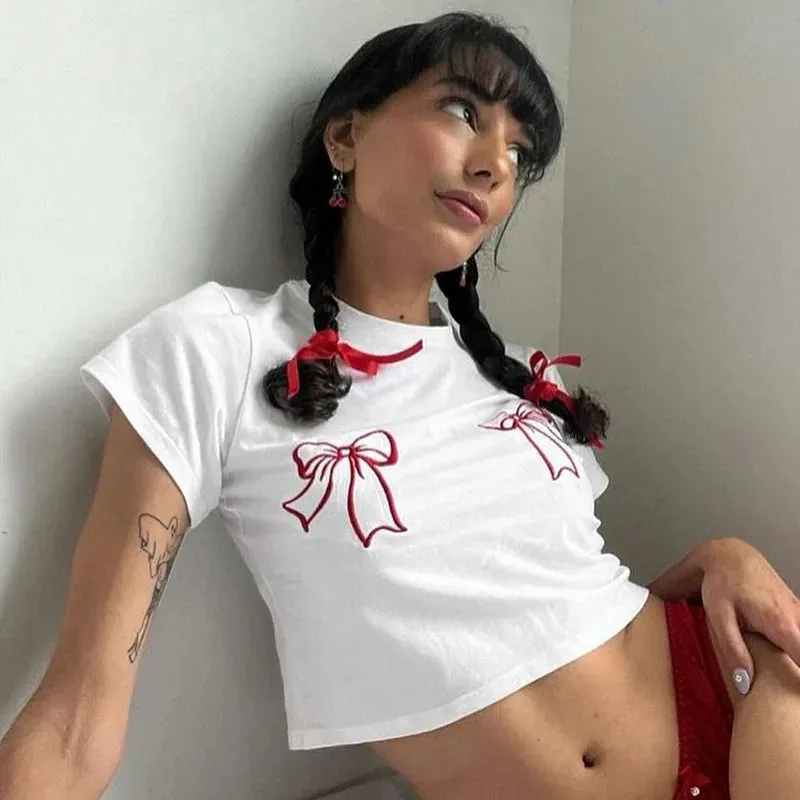 White Embroidered Red Charming Bow Crop Top