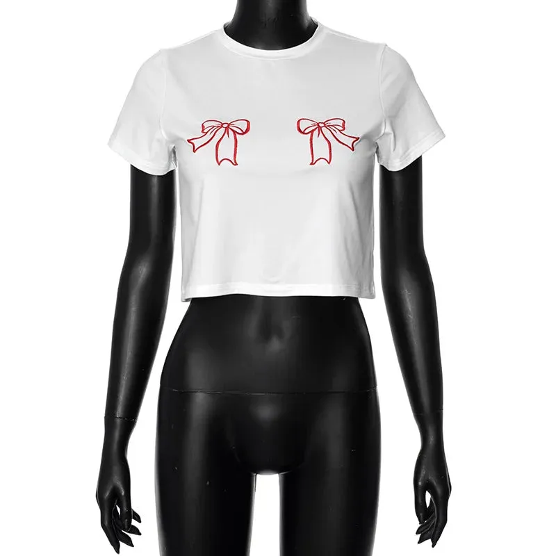 White Embroidered Red Charming Bow Crop Top