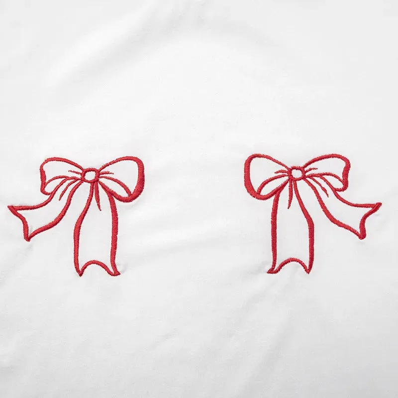 White Embroidered Red Charming Bow Crop Top